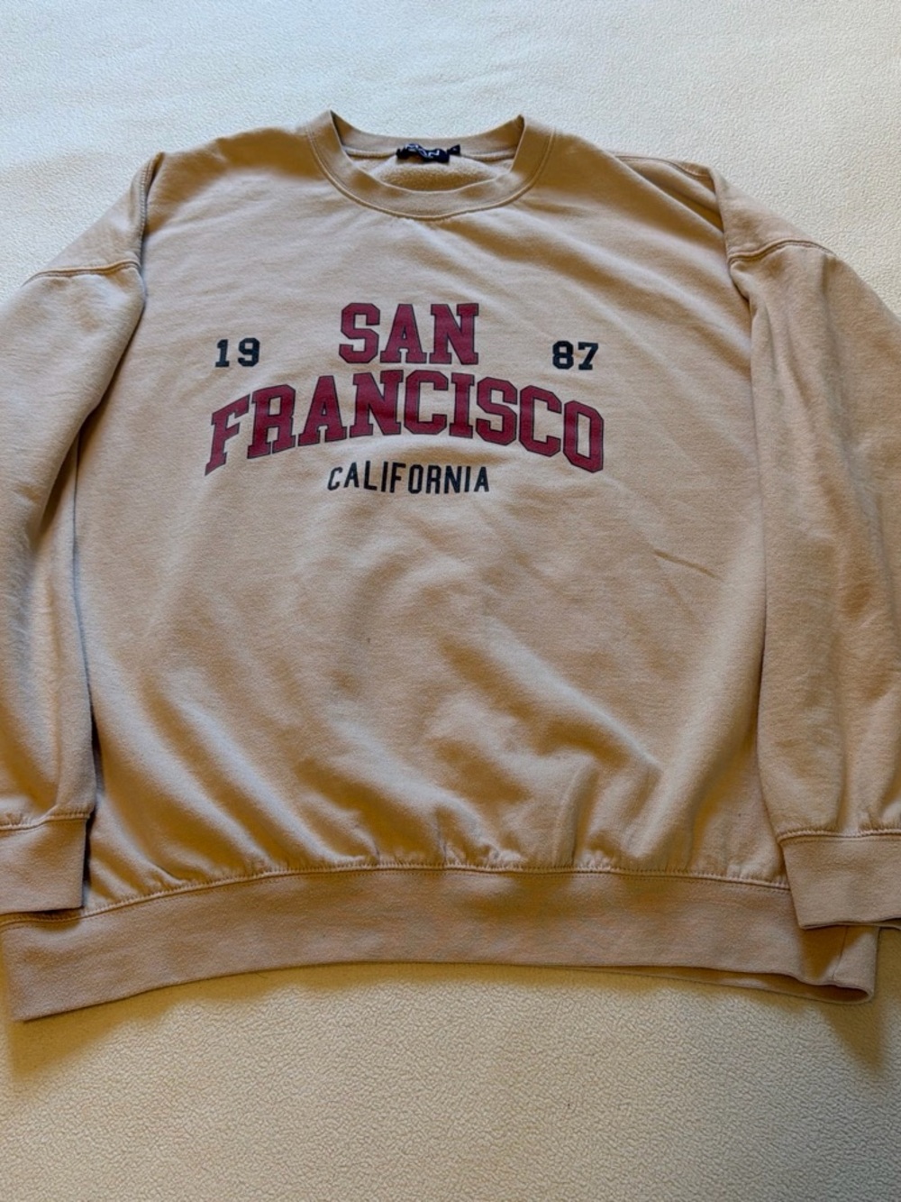 Boohoo Beige Crewneck Sweatshirt with Maroon Collegiate Print